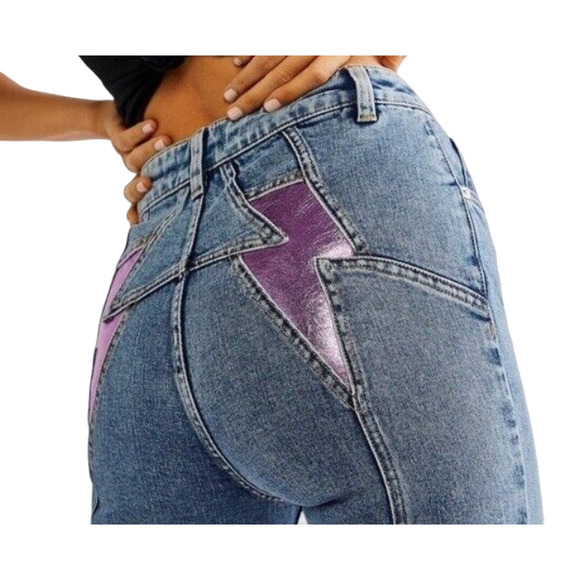 NEW FREE PEOPLE THUNDERBIRD FIRECRACKER METALLIC PURPLE PINK FLARE JEANS SIZE 32 - Picture 1 of 12
